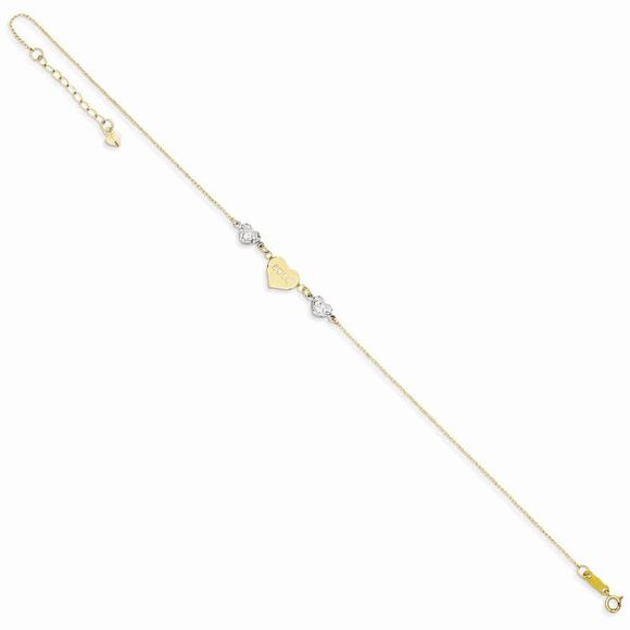 14k Two-Tone Gold Diamond-Cut Puffed and Love Heart Anklet, 9 Inch - Picture 2 of 5